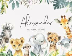 a watercolor painting of different animals and plants