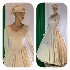 Stunning vintage Victorian/Edwardian style wedding gown in ivory. Dress fits best size small to medium Model is 5 foot 9 inches tall with bust of 36 inches Crinoline ,hat and gloves are  not included  Please send me a message if you have questions.  Color ivory  Fabric satin Beautiful lace and beads decorate the neckline transparent netting around neck See measurement on photos please Victorian Ball Gown Dress For Wedding, Fitted Victorian Ball Gown For Wedding, Fitted Cream Victorian Ball Gown, Regency Style Fitted Wedding Gown, Cream Vintage Dress With Fitted Bodice For Weddings, Vintage Victorian Wedding Dress Fitted, Elegant Fitted Gown For Church, Vintage Fitted Wedding Dress For Debutante Ball, Vintage Ball Gown For Wedding