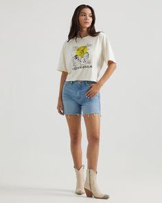 We set out to create a pair of shorts that wore like our favorite pair of jeans, and the Wrangler® x Yellow Rose by Kendra Scott High Rise Cowboy Shorts in Sunfade were born. These sport an oversized fit that pairs perfectly with your favorite trucker jacket or cropped t-shirt. But don’t mistake these for just any old regular short: our High Rise Cowboy Shorts features a figure-flattering high rise, a slim fit, and a raw hem that makes them look perfectly lived in from the start. This item is a Urban Cowgirl, Ranch Hand, Simple Pendant, Jewelry Personalized, Cropped T Shirt, Embroidery Fabric, Trucker Jacket, Crop Tshirt, Yellow Roses