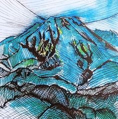 Zoom sur la Montagne Pelée - série Lines - Paysages nature mer Martinique par Intercalée - Dessin stylisé au trait  encre et aquarelle - design abstrait original 
#art #martinique #souvenir #cadeau #decorationmurale #aquarelle Nature Art, Original Art, Grain, Design