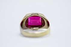 - vintage Art Deco - tested 14k white gold - Ruby (emerald cut) - stone measures approx: 10mm x 8mm Carat weight approx: 3.79ct - size 6 1/2 - weighs 4.6 grams