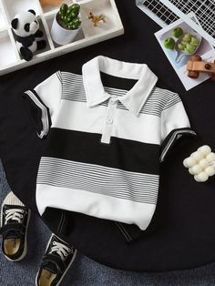 Young Boy Color-Block Striped Print Casual Short Sleeve Polo Shirt Black and White Casual  Short Sleeve Polyester Colorblock,Striped  Slight Stretch  Young Boys Clothing, size features are:Bust: ,Length: ,Sleeve Length: Cotton Color Block Collared Top, Black Color Block Polo Collar Top, Trendy Collared Tops With Contrast Color, Black Shirt With Striped Collar, Black Short Sleeve Top With Striped Collar, Summer T-shirt With Striped Collar, Summer Collared T-shirt With Striped Collar, Black Collared Top With Striped Collar, Summer Color Block Tops With Collar