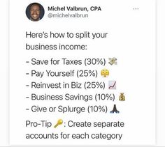 a tweet with the caption that reads, here's how to split your business income save for taxes 50 %