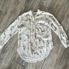 Gorgeous Silky And Nice Textured Zara Shirt In Almost Brand New Condition. It’s Xs But Fits Like A S Casual Printed Blouse For Brunch, Casual Zara Shirt For Day Out, Spring Casual Blouse With Shirttail Hem, Casual Spring Blouse With Shirttail Hem, Casual Blouse For Brunch, Casual Summer Tops With Bird Print, Casual Bird Print Tops For Summer, Zara Floral Print Casual Tops, Zara Casual Floral Print Tops