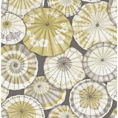 an array of yellow and gray parasols on a grey background with white writing