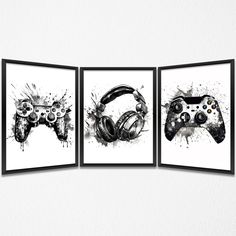 three framed art pieces with headphones on each one and an image of a video game controller