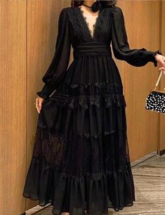 Womens 2024 Fashion Retro perspective Bell sleeves V-neck high waist long dress Elegant Sheer V-neck Maxi Dress, Evening Midi Dress With Sheer Sleeves And V-neck, Sheer V-neck Maxi Dress For Evening, Chic V-neck Lace Patchwork Dress, Elegant Sheer V-neck Dresses, Chic V-neck Dress With Lace Patchwork, Party V-neck Maxi Dress With Lace Sleeves, V-neck Maxi Dress With Lace Sleeves For Party, Sheer V-neck Maxi Dress For Formal Occasions