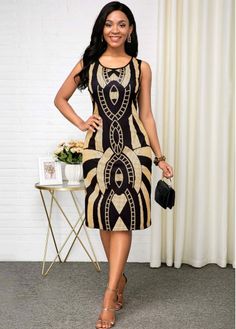 ROTITA Sleeveless Tribal Print Black Round Neck Dress | Rotita.com - USD $28.30 Midi Elegant Dress, Latest Dress For Women, Three Quarter Sleeve Dresses, Party Dress Sale, Round Neck Dress, Fashion Dresses Online, Round Neck Dresses, Black Sleeveless Dress, African Fashion Dresses