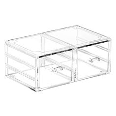 two clear drawers sitting on top of each other in front of a white background,