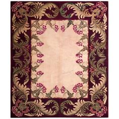 an area rug with flowers and leaves on the border in maroon, green, beige and pink colors