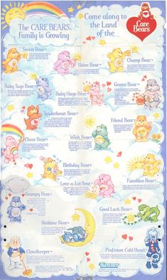 the care bears family is growing poster with many different animals and their names on it