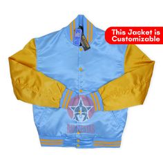 DETAILS OF JACKET The Classic Satin Varsity Jacket Color: Sky Blue /Gold Sky Blue Gold Rib on Neck, Wrist & Bottom/Hem Two External Side Pockets Interior: Polyester Quilted lining & Two Internal Pockets Style: Classic Varsity Care: DRY CLEAN ONLY We can add custom embroidery, printing, or labels on these jackets as per the customer's demand. Additional charges apply Baseball Varsity Jacket, Yellow Satin, Custom Jacket, Letterman Jacket, Gold Satin, Green Satin, Custom Embroidery, Style Classic, Gold Yellow