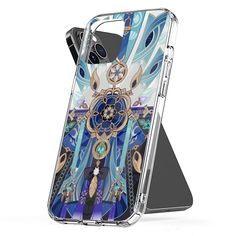 the back of an iphone case with blue and gold designs