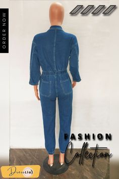 Casual Waist Lace Up Button Denim Jumpsuit Spring Denim Overalls In Solid Color, Casual Overalls With Buttons, Spring Denim Overalls, Casual Denim Overall Jumpsuit For Work, Casual Denim Jumpsuit With Buttons, Casual Overalls With Button Closure For Workwear, Denim Blue Button-up Jumpsuit, Casual Denim Blue Jumpsuits And Rompers For Work, Denim Jumpsuits And Rompers With Buttons In Medium Wash