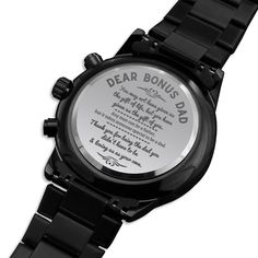 A personalized gift that can withstand constant use, this Engraved Design Black Chronograph Watch is the perfect gift for all the special men in your life. A thoughtful groomsmen gift, an anniversary memento, or a long-lasting keepsake for Father’s Day - it's a versatile piece sure to warm hearts and create smiles. Featuring a three-dial face, calendar function, and luxury pointer in a water-resistant and scratch-proof vessel. Made from high-quality Stainless Steel and featuring a Copper Dial. Ships in a gift box - so it can be sent directly to your lucky recipient. Product Details Stainless Steel (316L) Luxury Copper Dial Quartz Movement Water-resistance rating 3ATM (30m/100ft) Face Diameter 1.5″ (38.1mm) Watch Strap 7″ (177.8mm) Adjustable Clasp 3″ (76.2 mm) Single Mom Gifts, Unique Graduation Gifts, Bonus Dad Gifts, Distance Relationship Gifts, Special Needs Mom, Remembrance Jewelry, Long Distance Relationship Gifts, Pregnant Friends, Pet Mom