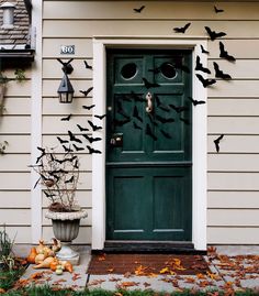 two pictures of the same door, one is green and the other has black bats on it