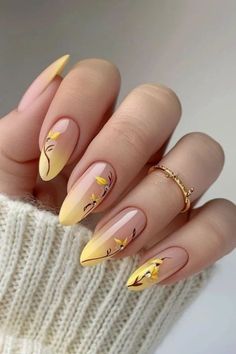 Cherry Blossom Nails Design, Yellow Nail Art, Yellow Nails Design, Nail Swag, Yellow Nails, Floral Nails, Chic Nails, Nail Polishes, French Nails