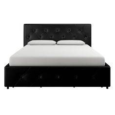 a bed with black leather headboard and foot board on it's side, in front of a white background