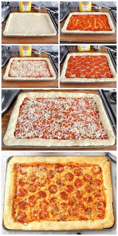 the process of making pizzas is shown in four different stages, including toppings on top and bottom