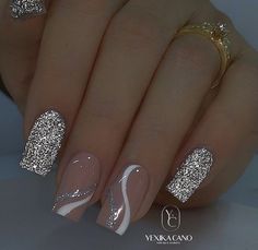 January Nail Designs, 2023 Homecoming, Nail Designs Ideas, New Years Nail Designs, Silver Glitter Nails, Fancy Nails Designs, Long Nail Designs, Pink Homecoming, Long Nail