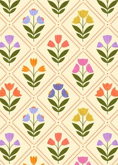 colorful flowers on a yellow background with geometric shapes and lines in the center, as well as small squares