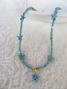 Starfish Turquoise Necklace Turquoise Gemstone and Starfish - Etsy Turkey Silk Bracelet, Lapis Lazuli Bracelet, Bracelets Handmade Diy, Starfish Pendant, Beach Necklaces, Turkish Jewelry, Necklace Turquoise, Stylish Bracelet, Stone Gold