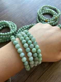 🌈 Jadeite Beaded (7.2mm) Necklace Bracelet, Green Jade, 108 beads 🌷 Untreated Natural Jadeite/ Grade A Jade 🌷 Jade from Myanmar/ Burma 🌷 100% handmade carving 🌷 Bead size : 7.2 mm 🌷 Number of Beads : 108 🌷 Color : Green 🌷 Free shipping from Hong Kong with tracking number provided 🌷 Take approximately 7-28 days to arrive worldwide ❤️ In Chinese Culture: Young people wear jade pendant will have a prosperous life, attracts good luck and friendship Old people wear jade pendant will have a h Round Beads Aventurine Jewelry For Meditation, Jade Gemstone Beaded Bracelets For Meditation, Aventurine Round Bead Jewelry For Meditation, Round Beaded Aventurine Jewelry For Meditation, Meditation Jade Bracelet With 108 Beads, Meditation Jewelry With Round Aventurine Beads, 8mm Jade Beads For Spiritual Use, Spiritual Jade Beaded Bracelets With Round Beads, Spiritual Jade Beaded Bracelet With Round Beads