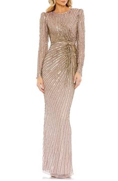 Shimmering sequins and brilliant beadwork direct the dazzle of this close-fitting sheath gown set with a pretty puff atop each sleeve. Jewel neck Long sleeves Lined, except sleeves 100% polyester Spot clean Imported Asian Owned/Founded Bronze Dress Formal, Luxury Fitted Sequin Mother Of The Bride Dress, Luxury Fitted Mother Of The Bride Dress With Sequins, Glamorous Embellished Mother Of The Bride Dress, Glamorous Mother Of The Bride Dress With Sequins, Sheath Gown, Stunning Style, Long Sleeve Dress Formal, Column Gown