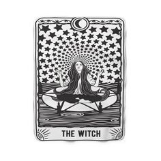 the witch tarot card is shown on a white background with stars in the sky