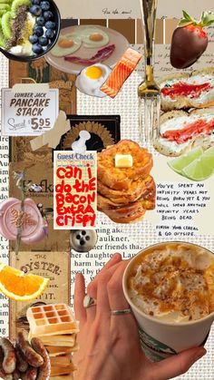 a collage of pictures with food and drinks on them, including pancakes, waffles, orange slices, coffee