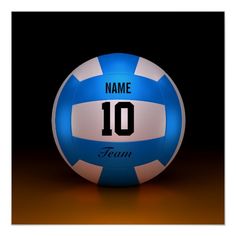 a blue and white volleyball ball with the number 10 on it's side, in front of a black background