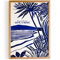 a blue and white painting with palm trees on the beach in costa d'azzor