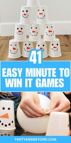 Amp up the fun at your next gathering with these 41 entertaining Minute to Win It challenges! Perfect for parties, these quick and hilarious games will keep your guests engaged and laughing. Easy to set up and adaptable for any age group, these challenges promise friendly competition and memorable moments. Get ready for a night full of excitement and laughter!  #MinuteToWinIt #PartyGames #FunChallenges #GameNightIdeas #EntertainingGames Fun Winter Games For Adults, Christmas Games Carnival, Kids Holiday Party Games Activities, Winter Games For Classroom, Fun Winter Games For Kids, Elementary School Winter Holiday Party Games, Winter Theme Party Games, Snowball Relay Race For Kids, Christmas Games With Balloons