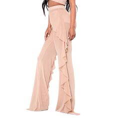 Apricot Sheer Mesh Tasseled Bell Bottom Pants Beige Ruffled Party Bottoms, Chic Tassel Pants For Spring, Spring Wide Leg Pants With Tassels, Chic Fringe Summer Pants, Beige Party Trousers, Bell Bottom Pants, Bell Bottom, Bell Bottoms, Bottoms Pants