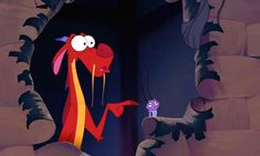 an animated character is standing in front of a cave with a purple creature looking at him