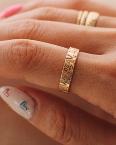 14K GOLD FILLED Birth Flower Wide Bands — Priscilla Ma Minimalist Jewlery, March Birth Flowers, Ring Bands, Thick Ring, Stamped Rings, Wide Ring, Golden Ring, Ring Ideas, Flower Stamp