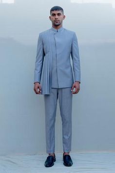 Shop for Bohame Grey Suiting Pleated Bandhgala Set for Men Online at Aza Fashions Western Suits, Pleated Jacket, Western Jacket, Pleated Shirt, Nehru Jackets, Custom Suit, Indo Western, Suit Set, Shirt And Pants