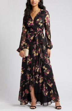 WAYF The Meryl Floral Long Sleeve Wrap Dress | Nordstrom Black Floral Wrap Dress Outfit, Fall Floral Maxi Dress, Floral Wrap Dress Outfit, Black Maxi Dress Outfit, Painterly Flowers, Wrap Dress Outfit, Formal Ideas, Floral Evening Dresses, Long Wrap Dress