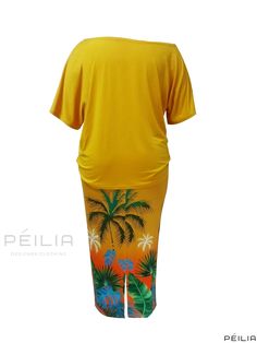 Peilia - Womens Plus Size Bohemian Two-Piece Ensemble featuring One-Shoulder Short Sleeve Tee with Cross Letter & Tropical Print and Maxi Skirt Multicolor Matching Set Tops For Beach, Yellow Two-piece Beach Set, Multicolor Matching Set Tops For The Beach, Yellow Beachwear Sets For Summer, Yellow Beachwear Matching Set, Off-shoulder Beach Sets For Spring, Yellow Two-piece Sets For Vacation, Yellow Summer Sets For Beach Season, Off-shoulder Summer Vacation Sets