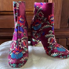 Euc Joie Wine Brocade Ankle Heeled Boots 36.5. Round Toe. Narrow Fit. 3.75” Heel. Back Zip With Gold Hardware. Gorgeous Wine Brocade Embroidered Floral Fabric With Accents Of Gold, Blues, Red, Green.Original Retail Sticker Still On Bottom Of One Boot- Purchased For Less During A Sale. Worn Twice. Party Boots With Floral Print And Pointed Toe, High Heel Floral Print Boots For Party, High Heel Floral Print Party Boots, Fall Floral Print High Heels, Embroidered Boots, Heeled Ankle Boots, Floral Fabric, Shoes Heels Boots, Red Gold