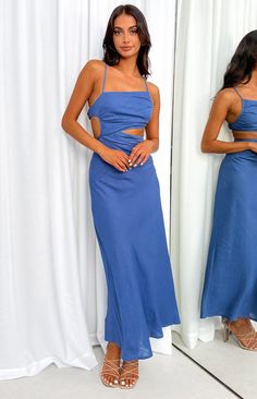 Blue Cut Out Maxi Dress

 How to style:
This stunning cut out maxi screams winery tour with the girls!! Throw on a pair of heels () or cute sandals, add some gold jewellery () and hot damn! You'll be ready for any summer occasion.

 Features:


  
 * Maxi length
 
 * Bust lined, body unlined
 
 * Mid-weight material with no stretch
 
 * Adjustable straps
 
 * Invisible side zip
 
 * Side cut out on waist
 
 * Asymmetrical neckline
 
 * Slightly sheer
 
 * Elasticated band on back  This dress is Cut Out Maxi Dress, Prom Midi Dress, Blue Maxi Dress, Hot Damn, Beginning Boutique, Blue Maxi, Strapless Tops, Cute Sandals, Maxi Dress Blue