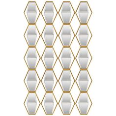 an art deco style mirror with gold trimmings and hexagonal pattern on the wall