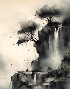 an artistic painting with black and white watercolors on the side of a cliff