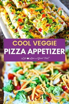 this cool veggie pizza appetizer is loaded with cheese, broccoli, and other vegetables