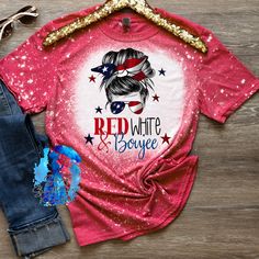 4th of July Messy Bun Red White Boujee Unisex Bleached Tee Super soft, breathable material! All Shirts are Gildan Softstyles  (65% polyester/35% cotton) Sizes Small, Medium, Large, XL, 2x, 3x Available  Thank you for your support of our small business! Custom shirts available! ❤️ShopSouthernBella 4th Of July Shirts For Women, 4th Of July Shirt Ideas, Diy 4th Of July Shirts, Ashley Thompson, 4th Of July Shirts, Bleached Shirt, Diy Shirts, Handmade Gift Wrap, Tees For Women