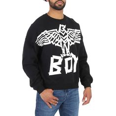 Boy London Mens Tops. Fashion category: Hoodies & Sweatshirts. SKU: BOY TAPE EAGLE SWEAT BLK/WHT. Color: Black/White. Boy London Boy Tape Eagle Cotton Sweatshirt. Crafted from cotton, featuring a ribbed crewneck, long sleeves, a ribbed hem and cuffs, an oversized fit, Boy Tape Eagle logo printed across front and since 1976 graphic on back. Material: 100% Cotton. Fit Boy, Mens Tops Fashion, London Boy, Versace Watch, Eagle Logo, Boy London, Tops Fashion, Denim Shoes, Branded Sweatshirts