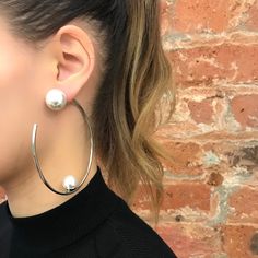 Materials: Rhodium plated brass, 12mm Swarovski faux pearl, 16mm faux pearl back Length: 3"/ 7.6cm Made In NYC HD27-02 Rose Lily, Brass Hoops, Back Jewelry, Large Hoop Earrings, Feminine Design, Lifestyle Shop, Fall Floral, Free Jewelry, Made In