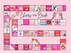 a pink board game with the words cheers to the bride on it and images of women holding wine glasses