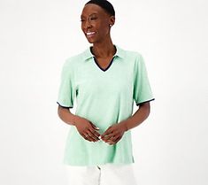 Contrast trim adds an extra pop of personality to this preppy polo. From Denim & Co.® Fashions. Beach Knit, Polo Women, Knit Polo, By The Beach, Polo Collar, Contrast Trim, The Beach, Relaxed Fit, Trim