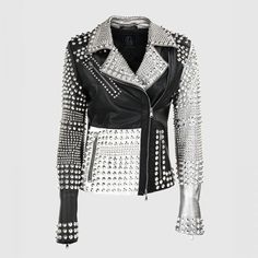 Elegant Women's Punk Black Silver Spiked Studded Brando Unique Cowhide Leather Jacket  Condition: Brand New With Tags  Material: Original leather  Color: Black & Silver  Size: Kindly See Size Chart   Inside: Soft Smooth Lining   Style: Rock Punk Studded   Closing: YKK Zipper                   Important Note Any custom change you want is possible. Please send us message for further details. Studded Jacket made with 100 % Genuine Top Quality Cowhide Leather Golden Silver Studded the jacket is not Jaket Motor, Stylish Leather Jacket, Gothic Jackets, Steampunk Dress, Studded Leather Jacket, Punk Dress, Studded Jacket, Hand Accessories, Biker Leather